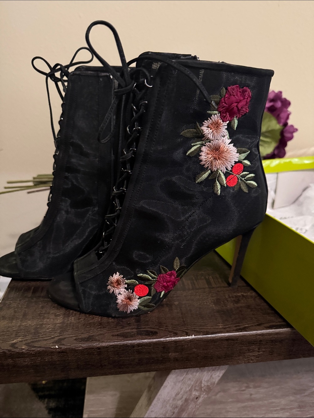 Gianni Bini Black Lace-Up Ankle Boots with Pink and Red Floral Embroidery